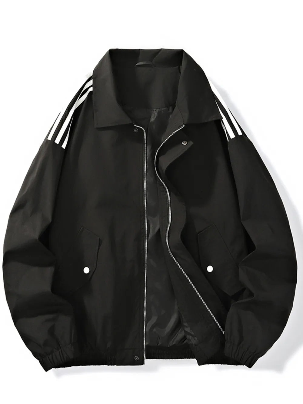 Men's Plus Size Striped Zip Up Jacket in Black, close-up detail