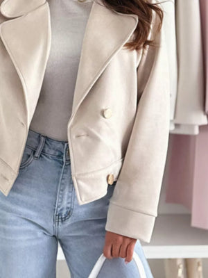 Chic Double-breasted Cropped Jacket in Dusty Pink, close-up detail