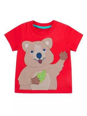Red cotton t-shirt with cheerful quokka applique and blue neckline trim.