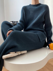 French Blue ribbed knit co-ord set with mock neck sweater and wide leg pants.