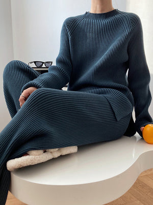 French Blue ribbed knit co-ord set with mock neck sweater and wide leg pants.