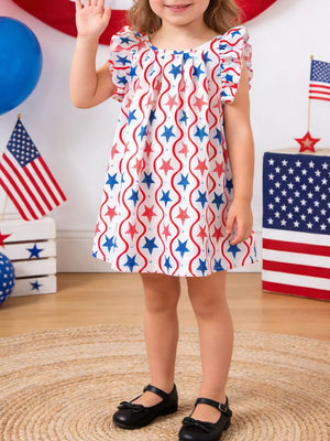 Toddler dress with ruffle sleeves, white with red and blue stars and wavy stripes pattern.