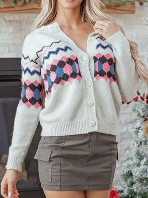 Stripe Geometric Button Up Sweater Cardigan in Light Gray, back view