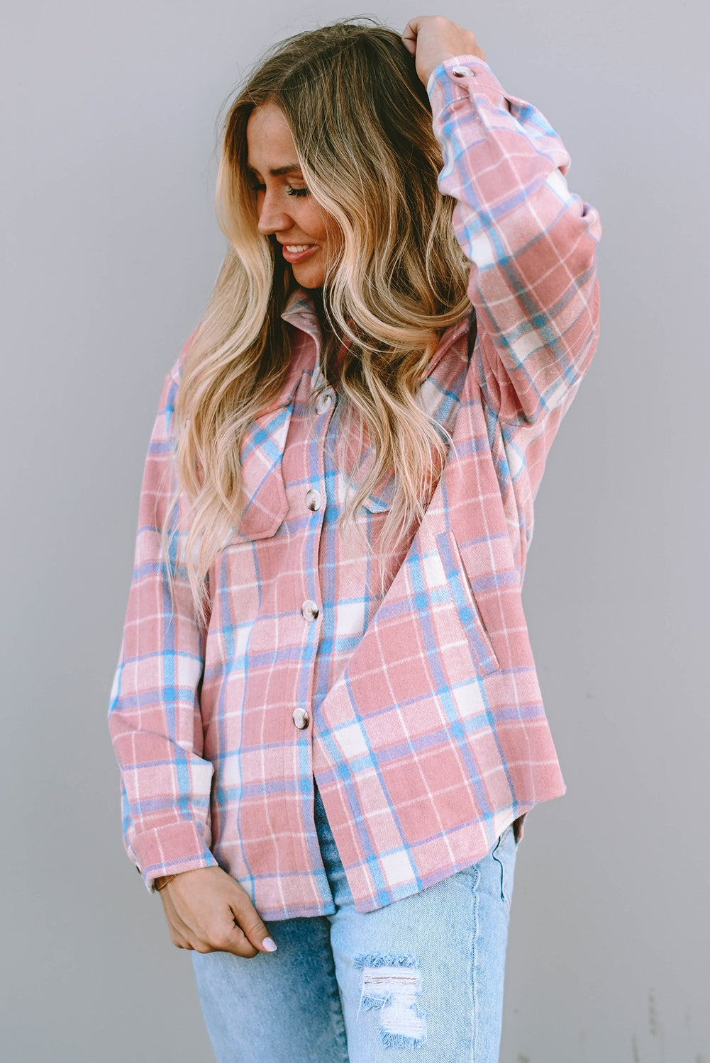 Chic blush pink checkered collar jacket with buttoned pockets and collar.