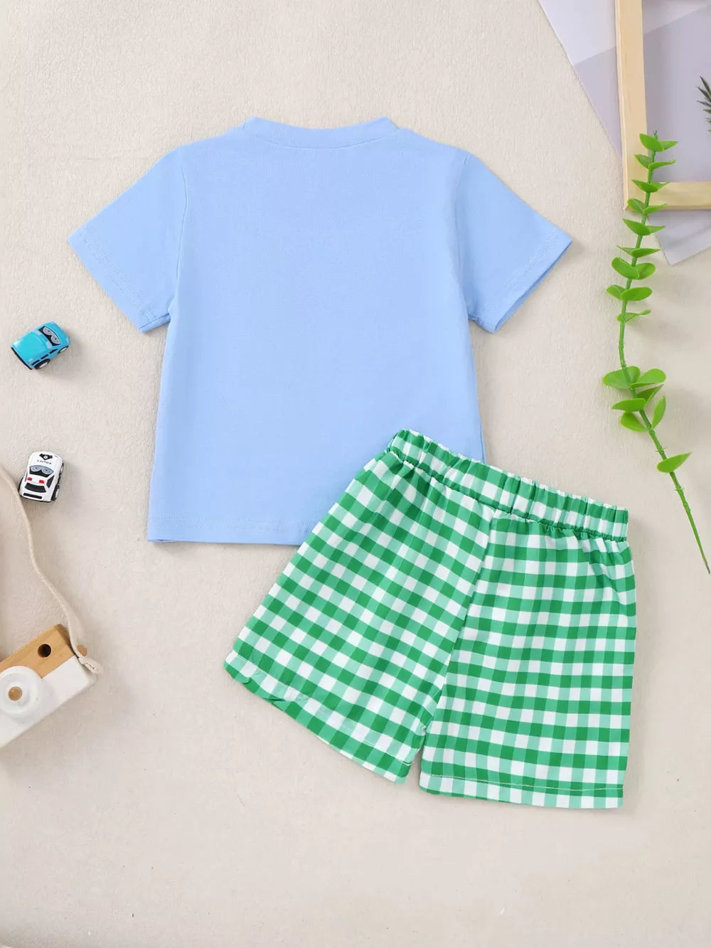 Children's Turtle Round Neck Top And Gingham Shorts Set, fabric detail
