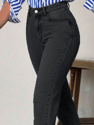 Black slim-fit ankle denim jeans with a modern silhouette.