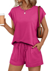 Rose red two-piece loungewear set with round neck cap sleeve top and drawstring shorts with pockets.