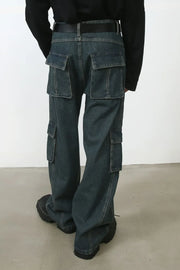Dark denim cargo pants with multiple pockets and a relaxed fit.
