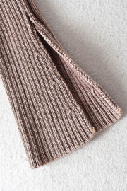 Ribbed taupe off-shoulder top with flare sleeves and side slit detail