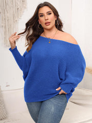 Off-shoulder ribbed knit sweater in royal blue with batwing sleeves and a relaxed cocoon fit.
