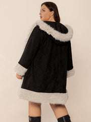 Black hooded duster coat with faux shearling trim on hood, cuffs, and hem