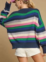 Chunky knit crewneck sweater with multicolor stripes in green, blue, pink, and cream.