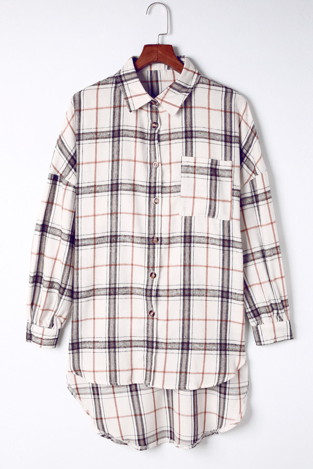 Oversized white plaid shacket with button front and chest pocket.