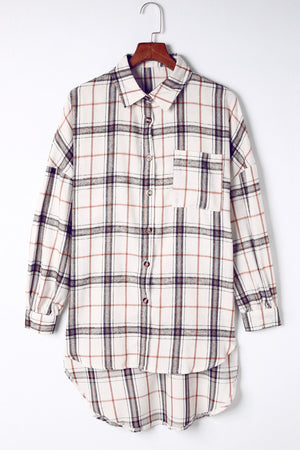 Oversized white plaid shacket with button front and chest pocket.