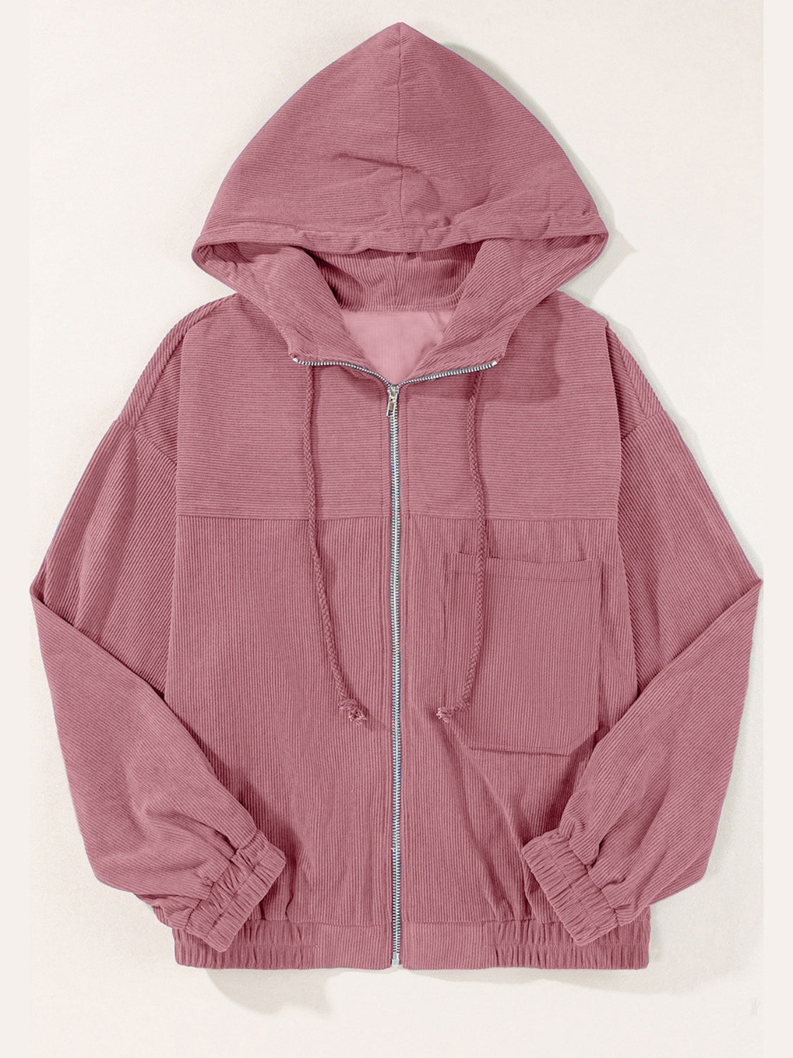 Dusty Pink corduroy relaxed fit zip-up hoodie with drawstring hood and chest pocket.