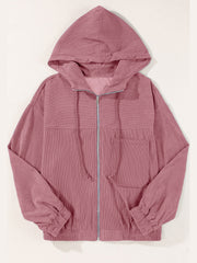 Dusty Pink corduroy relaxed fit zip-up hoodie with drawstring hood and chest pocket.