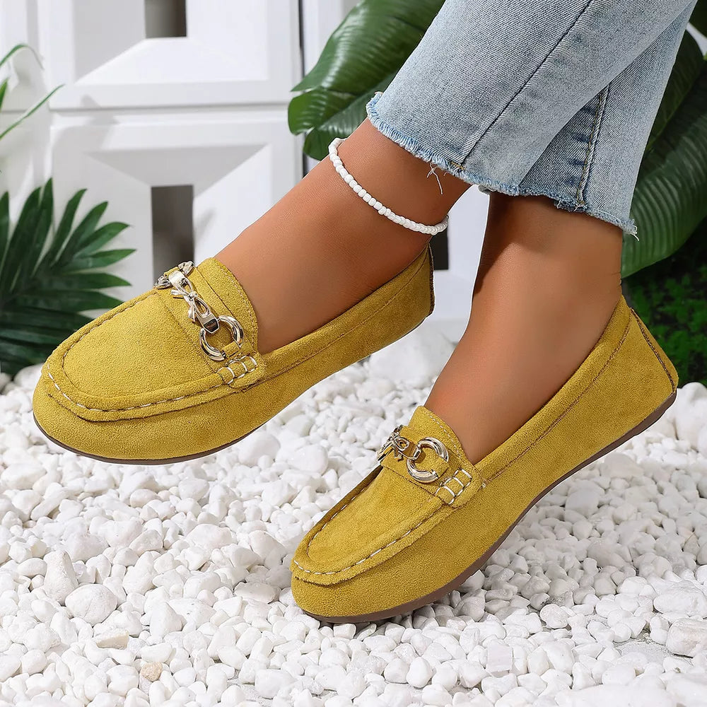 Comfortable Flat Loafers With Buckle in Dark Blue, editorial view