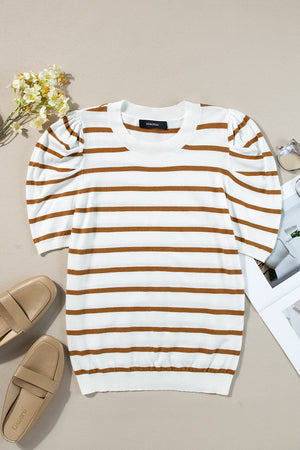 Puff sleeve breton knit top in white with brown stripes and a crew neck.