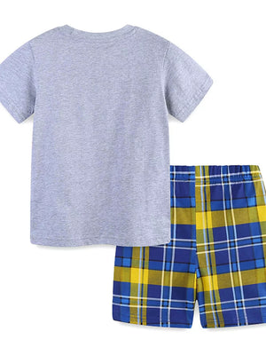 Toddler cotton t-shirt and plaid shorts set in grey, blue, and yellow.