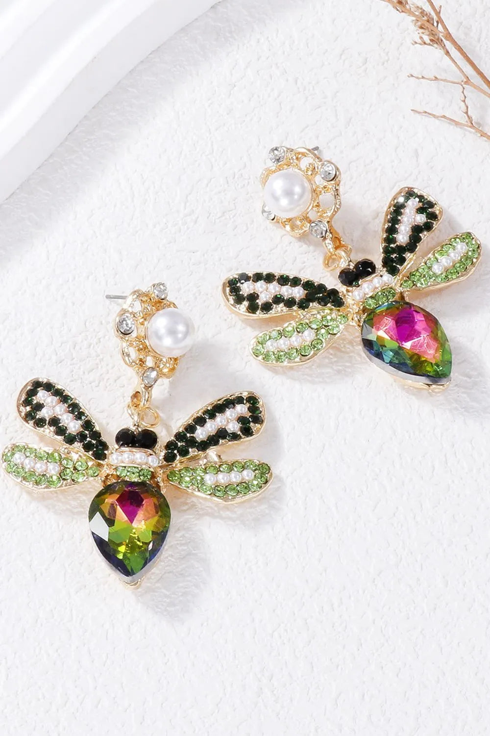 Jeweled dragonfly chandelier earrings with pearl and colorful crystals.