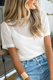 White sheer overlay tee with cami set, short sleeves, V-neck cami, casual styling.