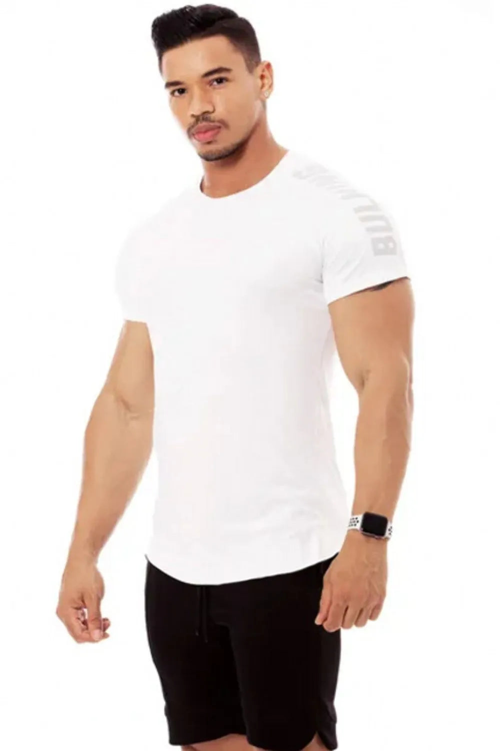White performance tee with grey shoulder print and crew neck.