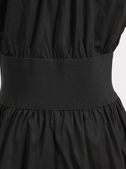 Black midi dress with elastic waistband and gathered skirt detail