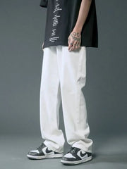 Casual oversized white men's jeans with pockets and a relaxed fit.