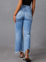 Chic distressed blue denim maternity flare jeans with raw hem