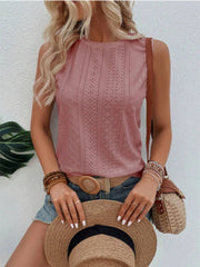 Dusty pink sleeveless eyelet detail top with a round neckline.