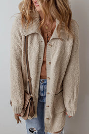 Textured knit collar cardigan in Dust Storm with button front and pockets.