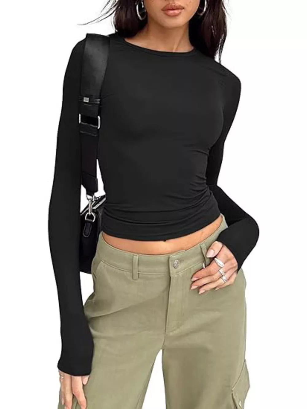 Black long sleeve t-shirt with ruching detail and crew neck.