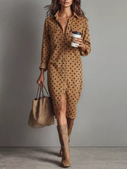 Chic polka dot midi shirt dress with pockets, collared, button-down, long sleeves, and a front slit.