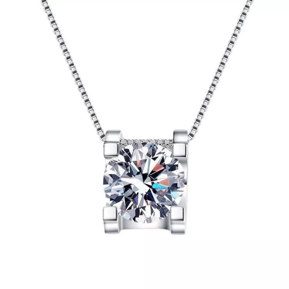 Dazzling moissanite pendant necklace in silver with a square setting and box chain.