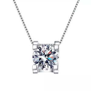 Dazzling moissanite pendant necklace in silver with a square setting and box chain.
