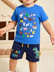 Blue cotton alphabet farm graphic tee and navy dinosaur shorts set for baby boys.