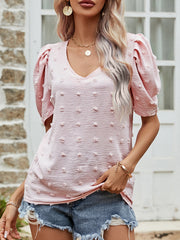 Pink textured dotty puff sleeve blouse with V-neck