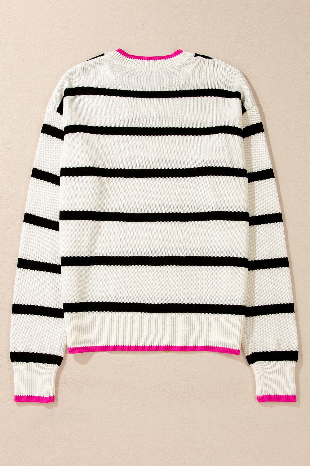 Contrast Trim Breton Knit sweater in Stripe with black horizontal stripes and pink trim.