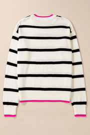 Contrast Trim Breton Knit sweater in Stripe with black horizontal stripes and pink trim.