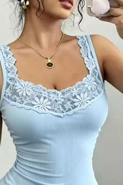 Light blue fitted tank top with lace trim neckline