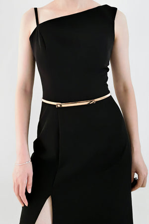 Slimline gold-tone metal waist belt with a rectangular buckle detail