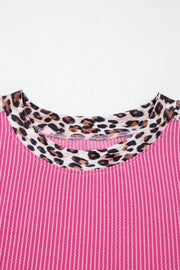 Pink ribbed crew neck pajama top with leopard print trim