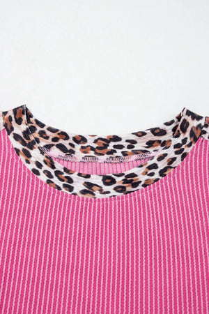 Pink ribbed crew neck pajama top with leopard print trim