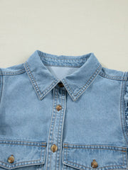 Light blue denim button-down shirt with ruffled sleeves and chest pockets.
