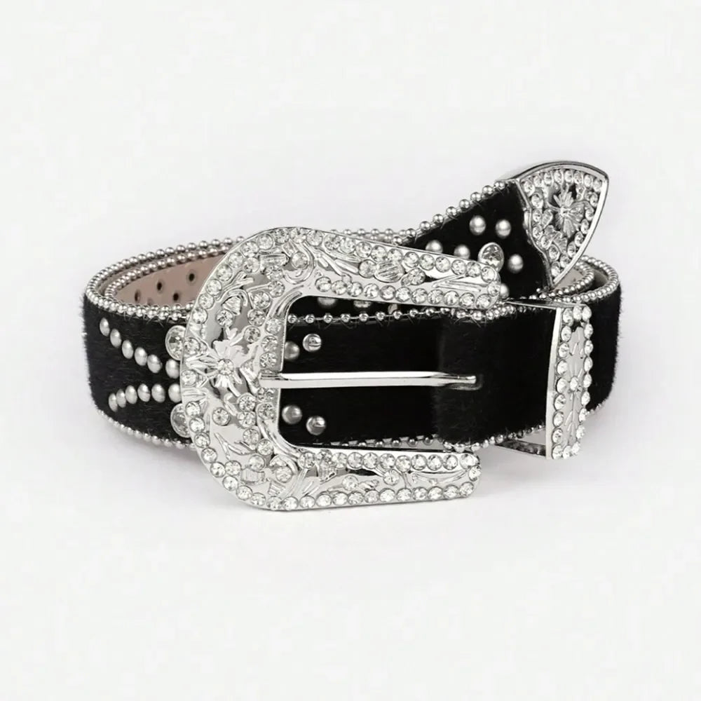 Black western belt with crystal embellishments and ornate silver buckle.