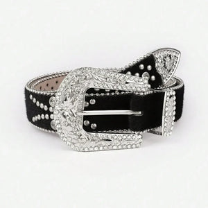 Black western belt with crystal embellishments and ornate silver buckle.