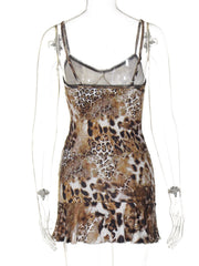 Leopard print cami and skirt set with lace trim and ruffled hem