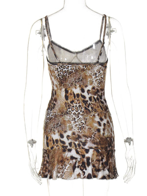 Leopard print cami and skirt set with lace trim and ruffled hem