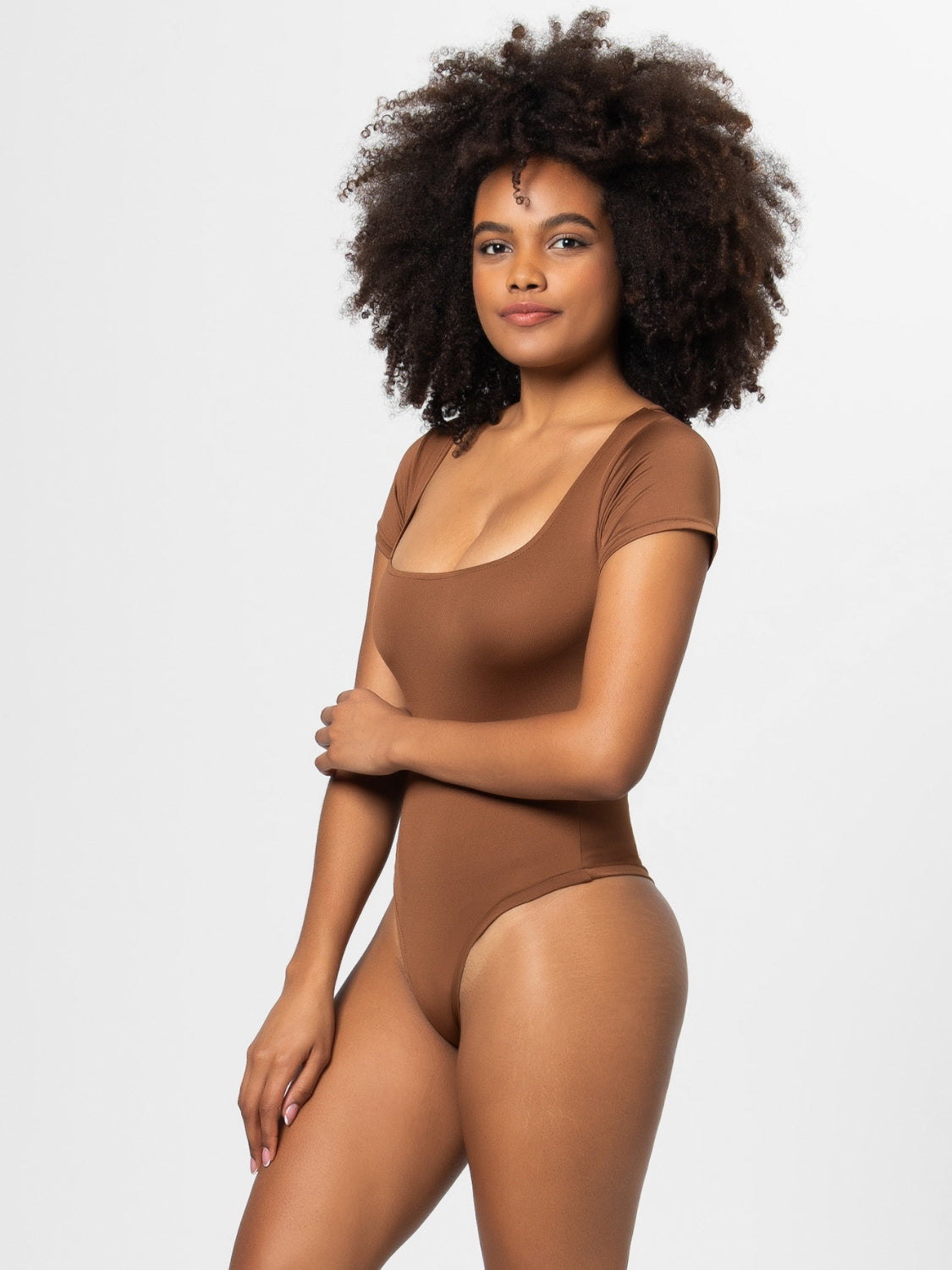 Brown short sleeve bodysuit with square neckline.