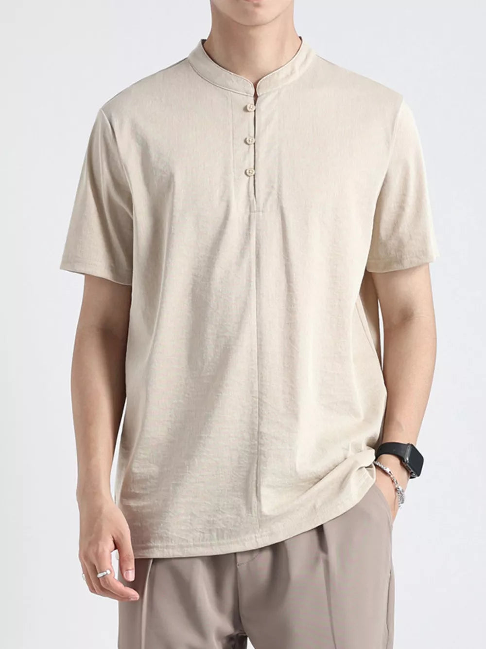Men's caramel buttoned henley t-shirt with band collar and short sleeves